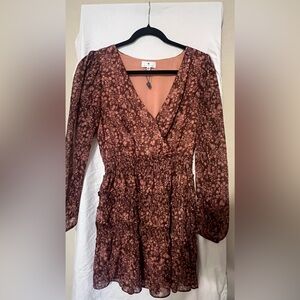 Socialite Brown & Blush Floral V-Neck Mini Dress